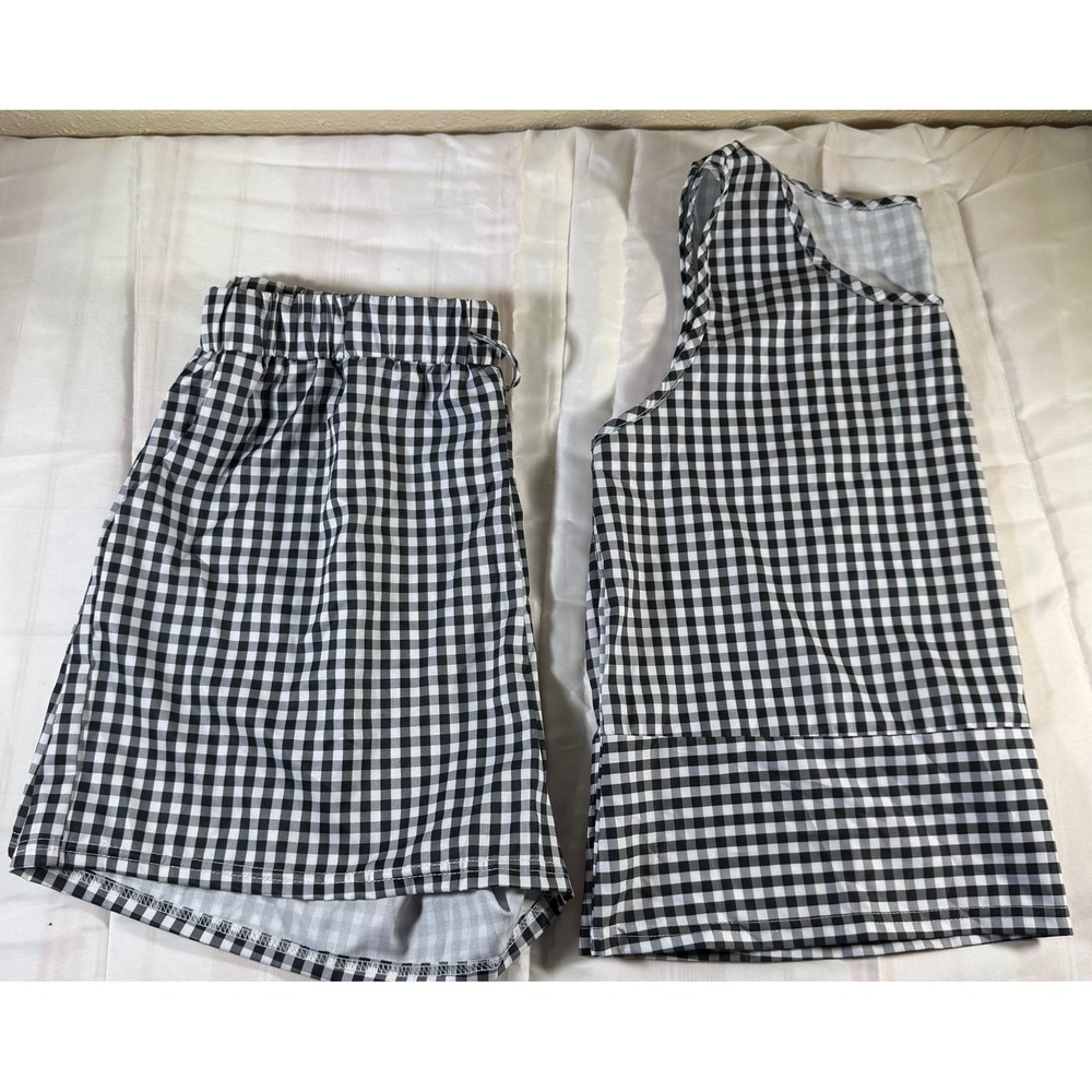 Black White Gingham Two Piece Set Sleeveless Tank Top and Drawstring Shorts L